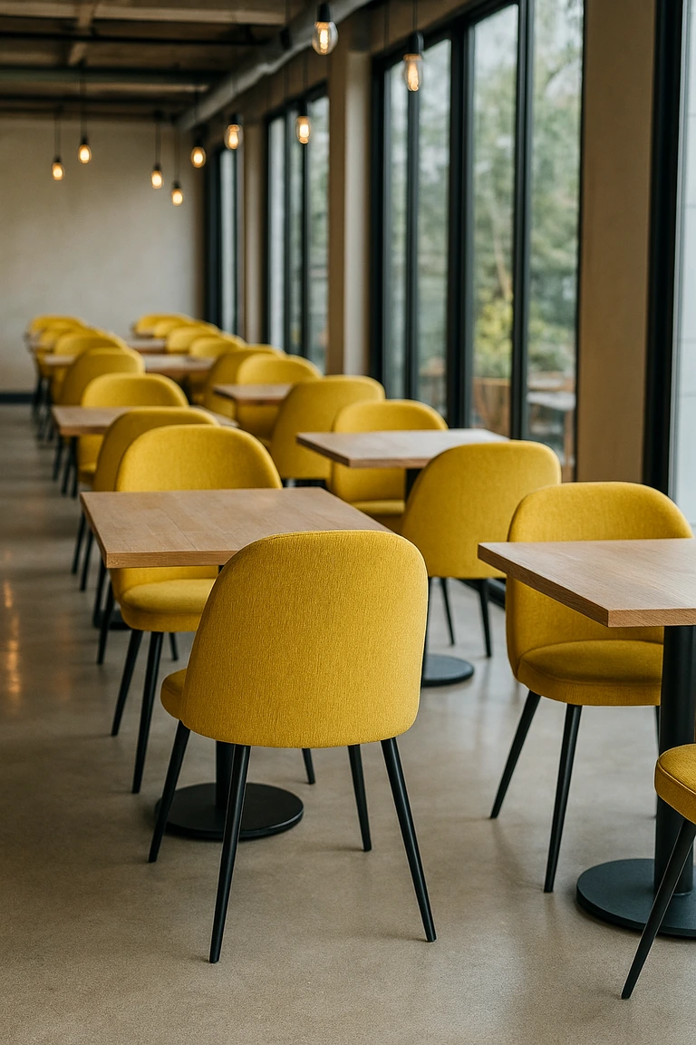 Sillas amarillas de tapizado personalizable en un restaurante
