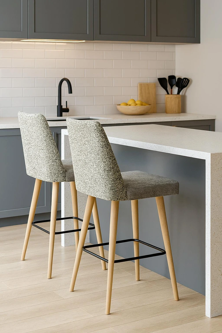 taburetes personalizables con patas de madera tapizados en color verde menta claro