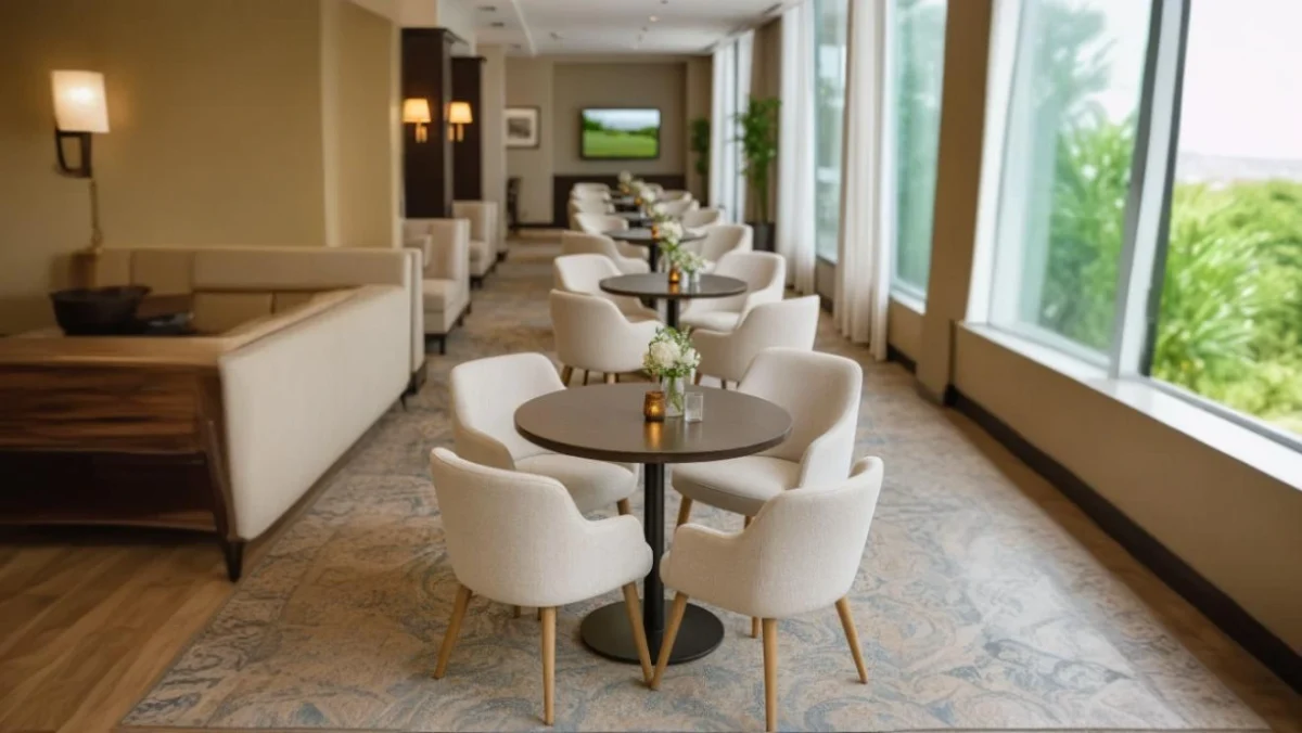 una imagen de una zona de un hotel con mesas y sillas de calidad